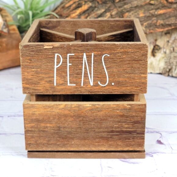 Rae Dunn PENS PENCILS Cup Spinning Wooden Holder - Picture 1 of 7